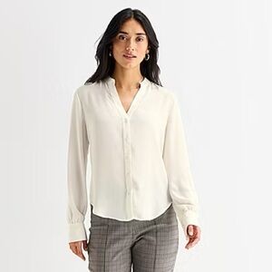 Worthington Womens Y Neck Long Sleeve Blouse